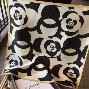 100% Silk Scarf Square Bandana Camellia Black and White